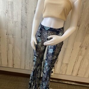 Blue Floral Stretch Mesh Flares